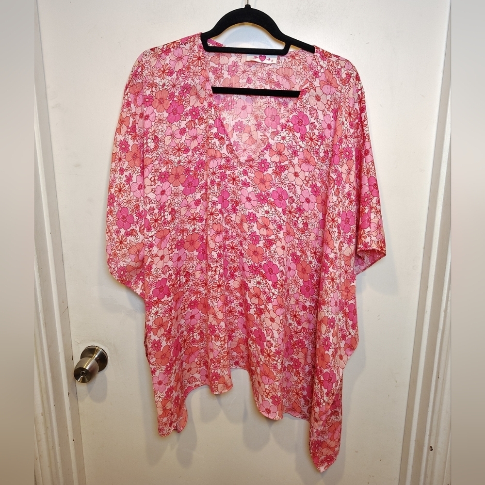 Buddy Love Pink Floral Oversized V-Neck Poncho Top Sz M Romantic Summer Beach